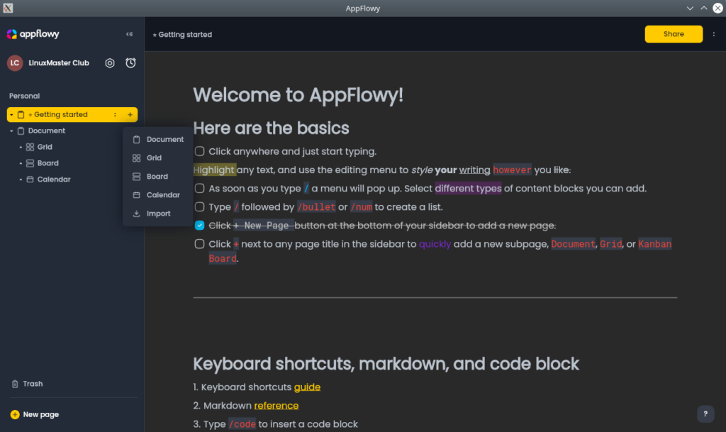AppFlowy. The start window. Creating a page