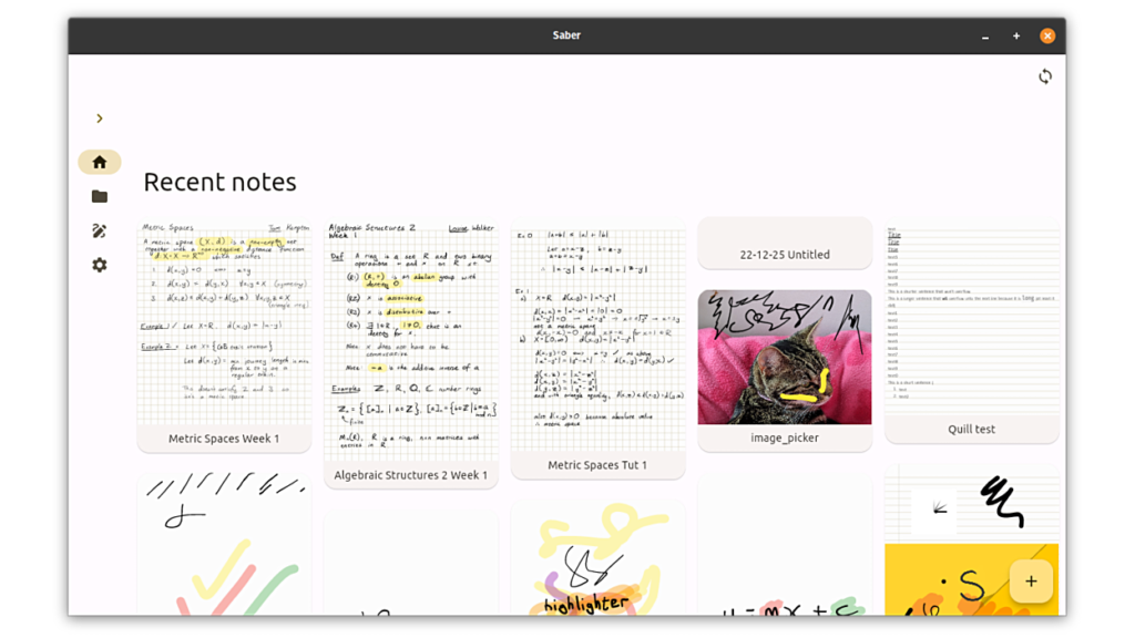 Saber - handwritten notes. A page with recent notes. The screenshot is taken from the official website