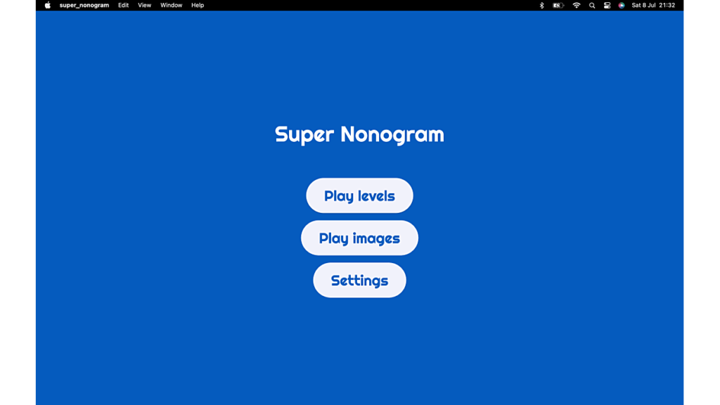 Super Nonogram. The game menu. The screenshot is taken from the official website