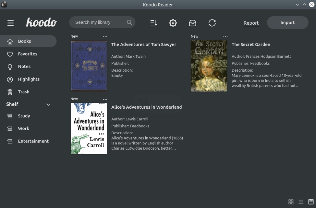Koodo Reader. A dark theme. Book Display mode Cover