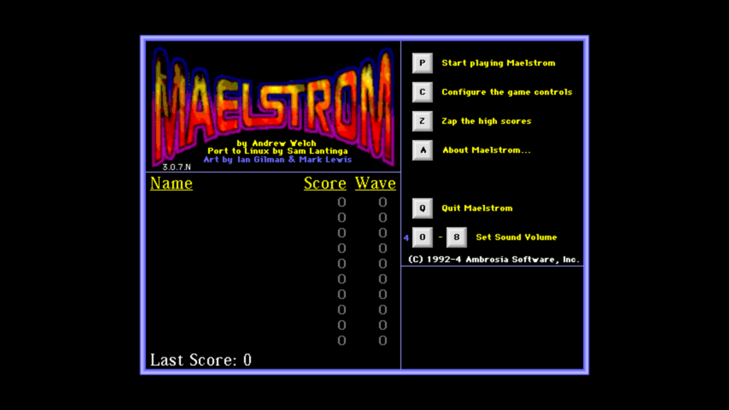 Maelstrom. The game menu