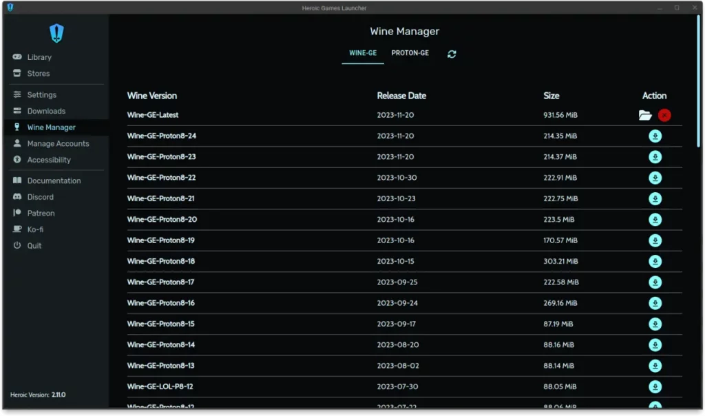 Heroic Games Launcher. Download Manager Wine, Proton. The screenshot is taken from the official website