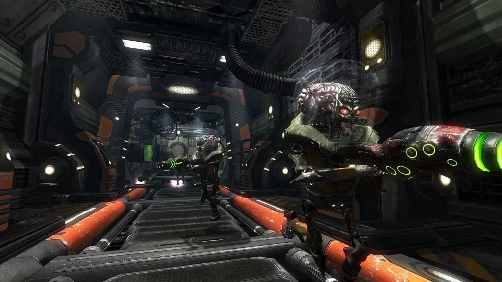 Alien Arena. Two aliens with blasters. The screenshot is taken from the official website