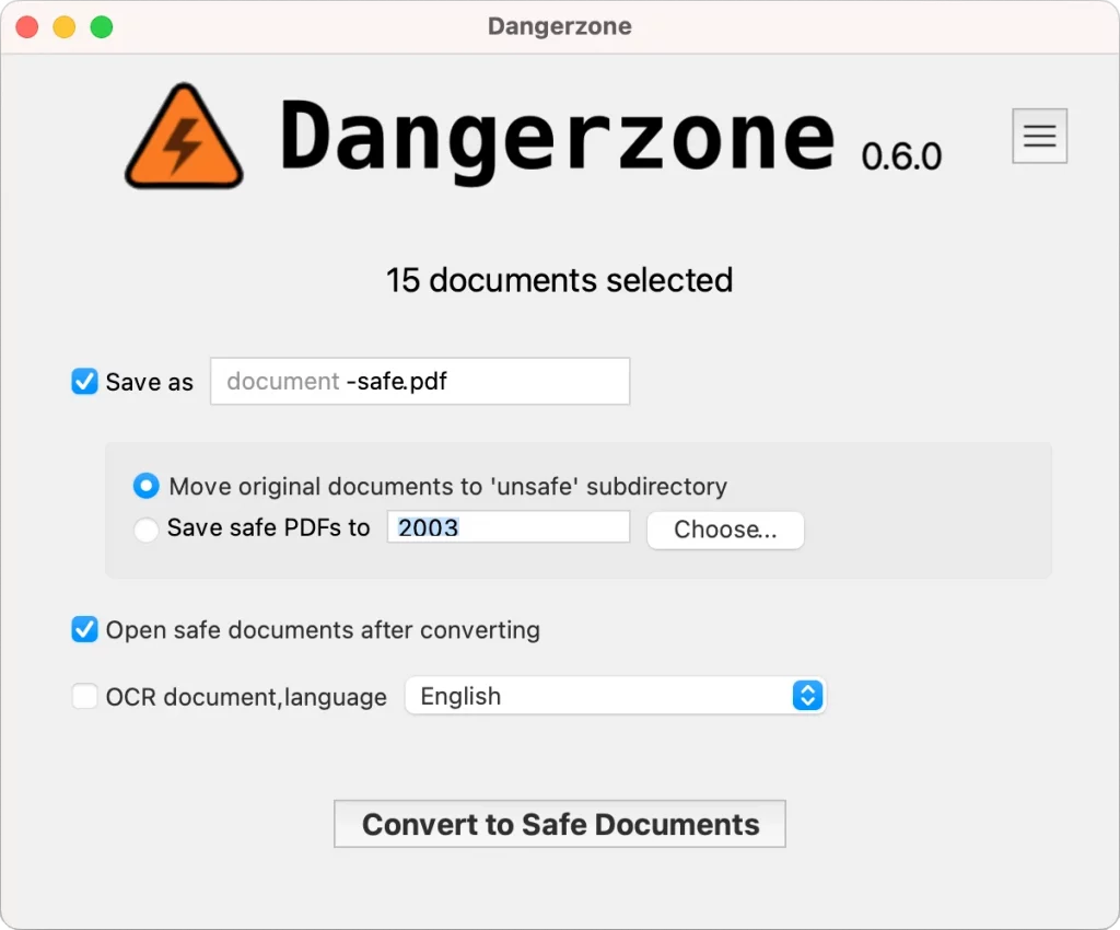 Dangerzone. Adding documents for conversion. Screenshot taken from the official website