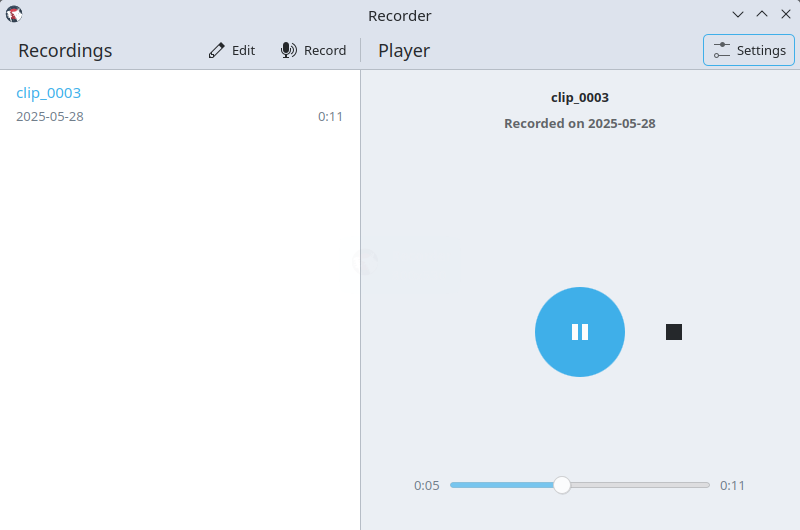 KRecorder. Audio recordings and listening to recordings