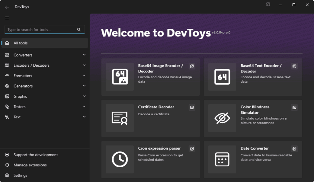 DevToys. All the tools. Screenshot taken from the official website
