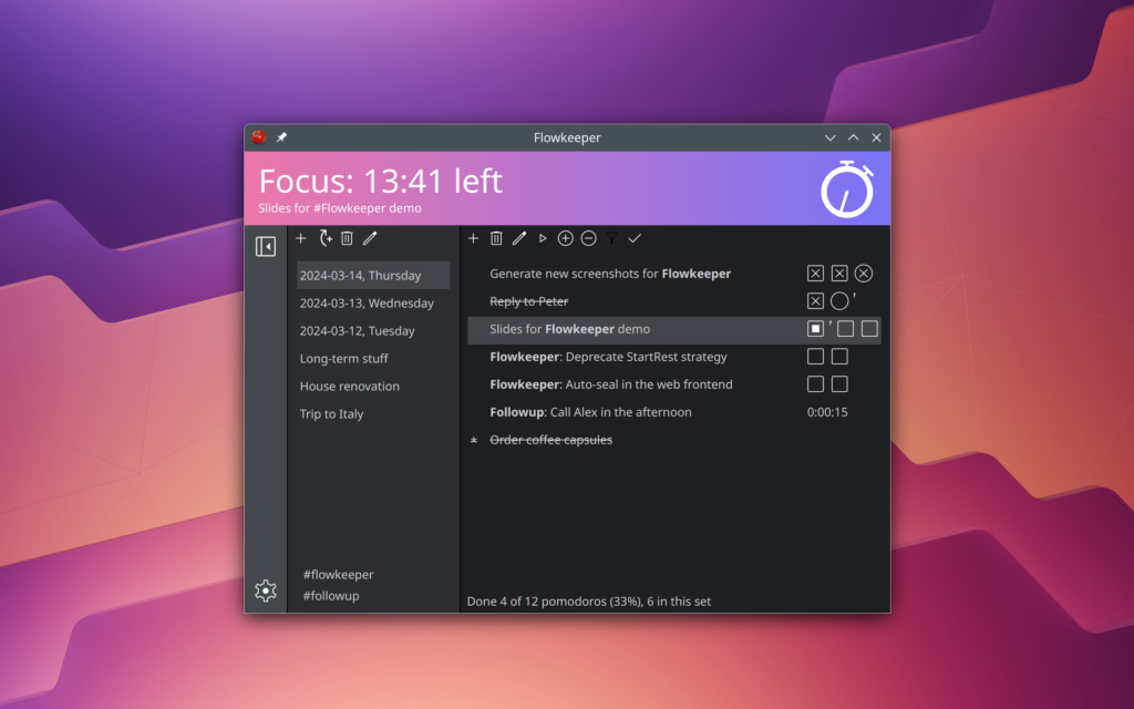Flowkeeper. Dark theme. Screenshot taken from the official website